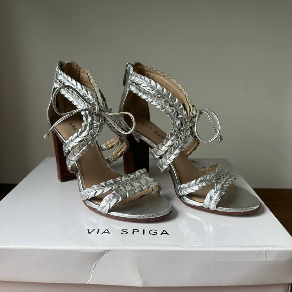 VIA SPIGA Silver Leather High Heel Sandals, size 4/4.5